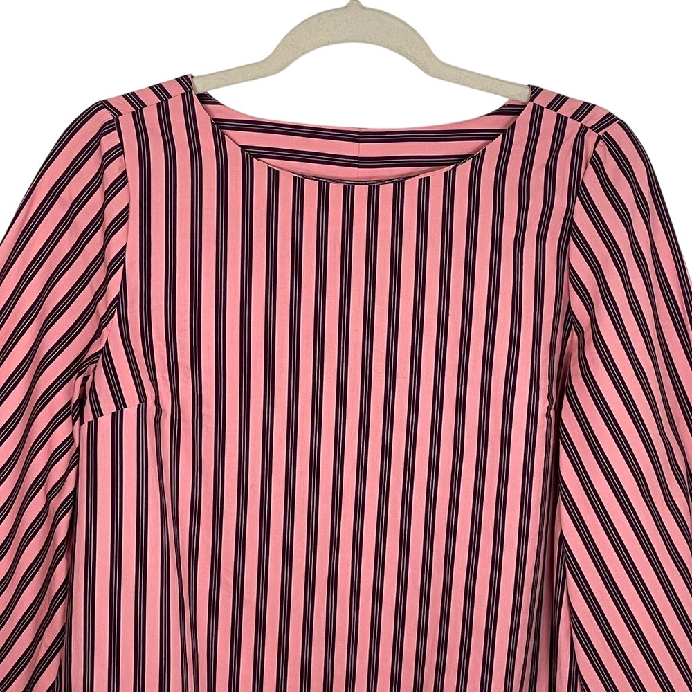 Topshop US 6 Pink Purple Black Stripe Cropped Puff Sleeve Cotton‎ Blouse - Picture 4 of 13